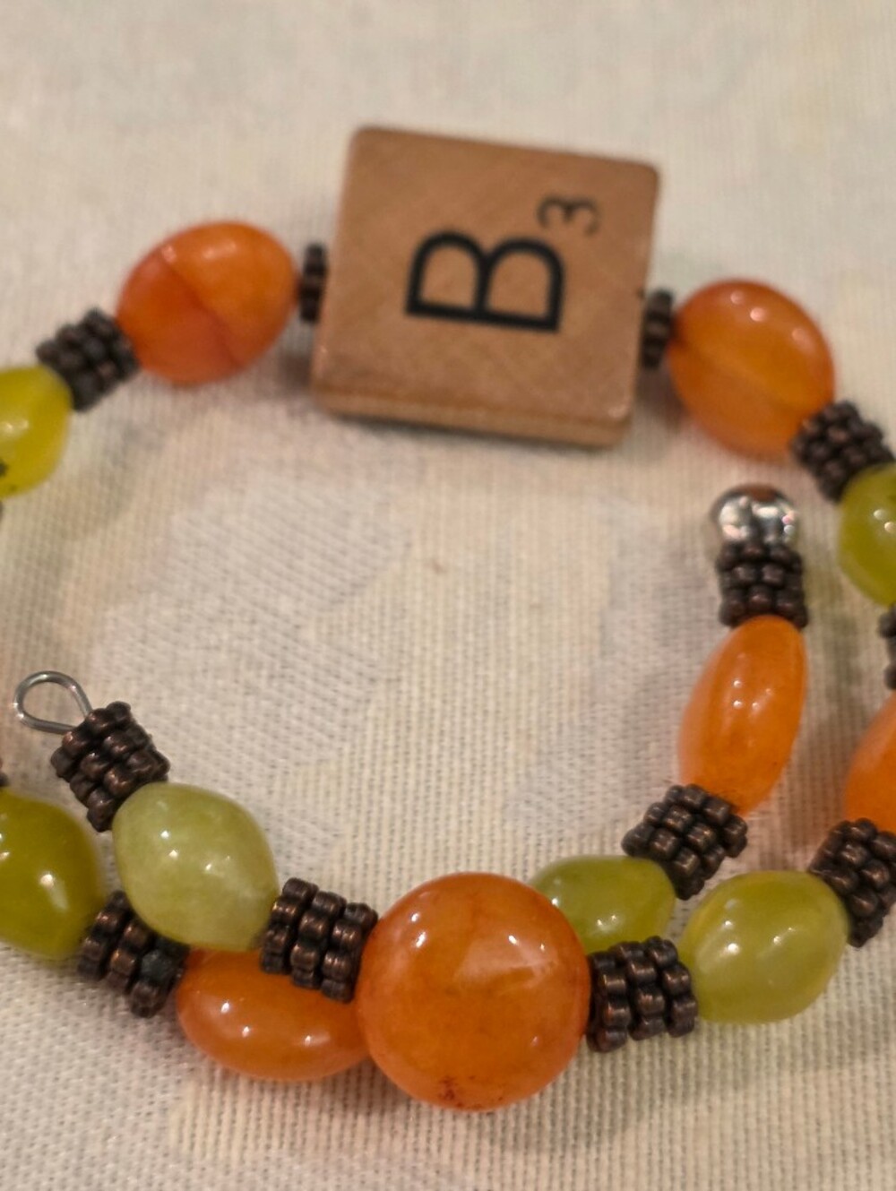 Handcrafted Beaded Wire Wrap Bracelet w/ Decorated Dual Sided  Scabble Tile